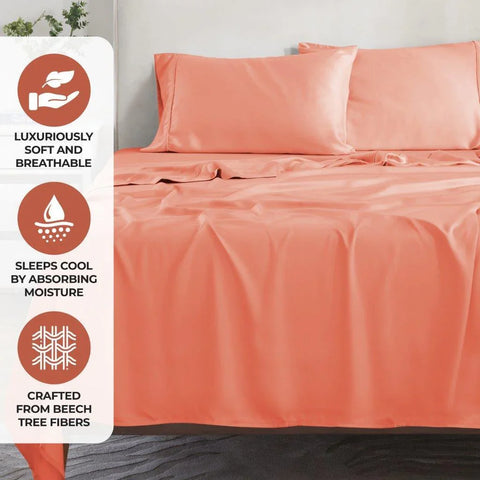 Coral luxury bed sheets, soft breathable, crafted from beech tree fibers, sleeps cool with moisture absorption