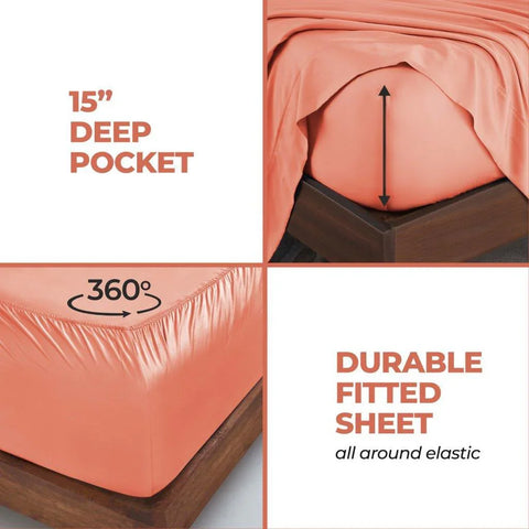 Coral fitted sheet with 15” deep pocket & 360° elastic for snug fit on mattress