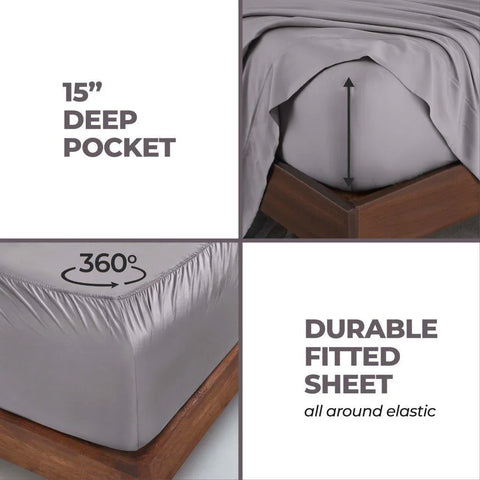 Gray fitted sheet with 15” deep pocket and 360° elastic for secure fit on mattress