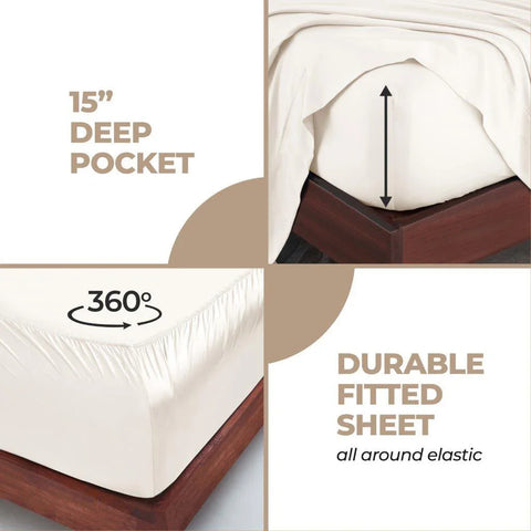 15-inch deep pocket fitted sheet with 360° all-around elastic for durable bedding