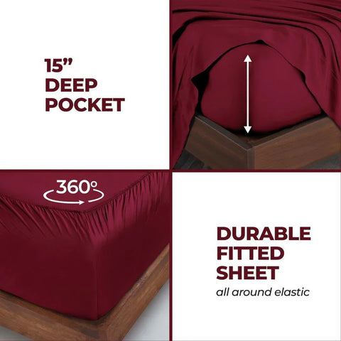 Luxury burgundy fitted sheet with 15-inch deep pocket and 360° all-around elastic for secure fit