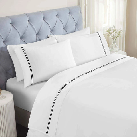 100% Cotton Bed Sheet Set Two-Line Embroidered Deep Pocket Fieldstone