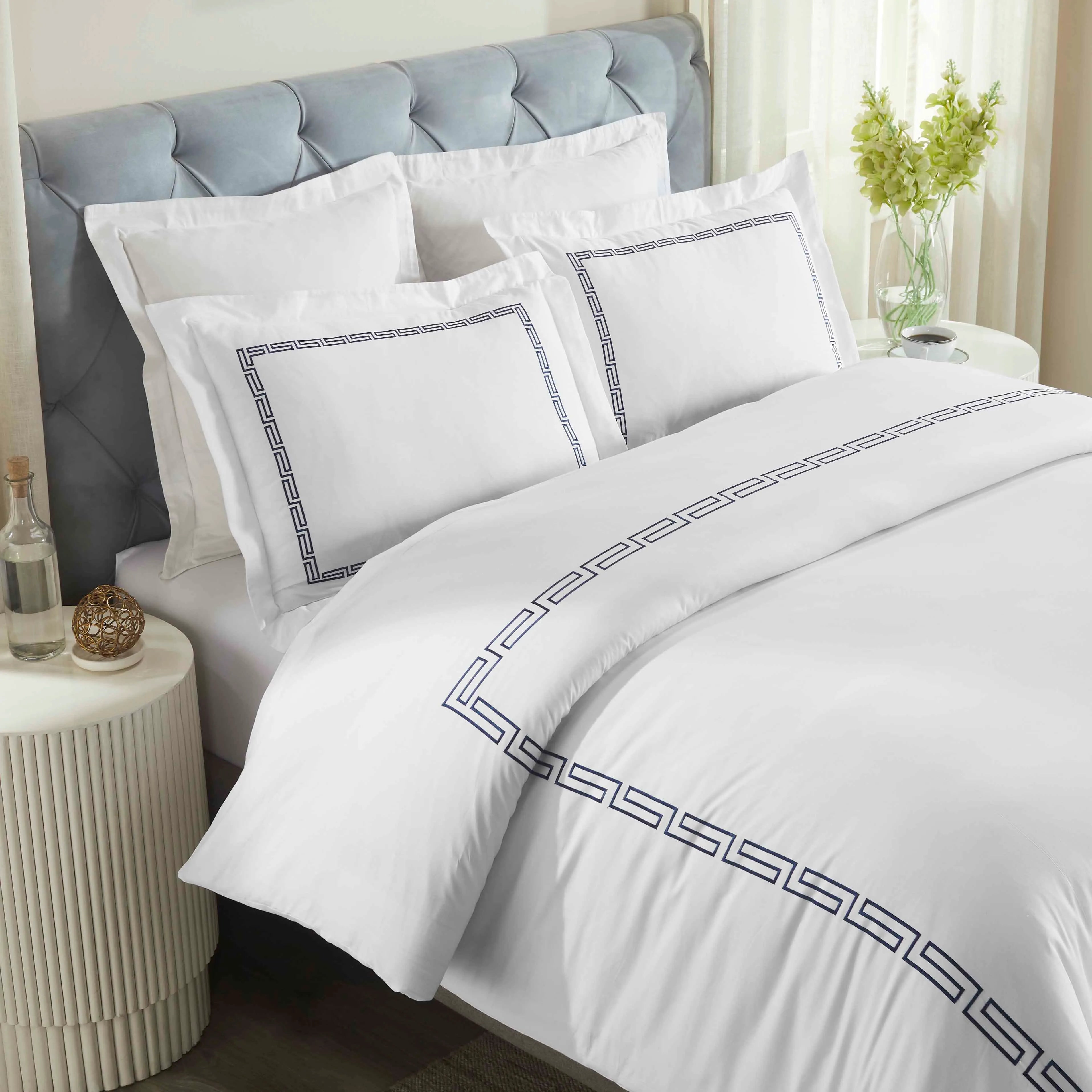 Harrison Cotton Greek Key Embroidered 3 Piece Duvet Cover Set