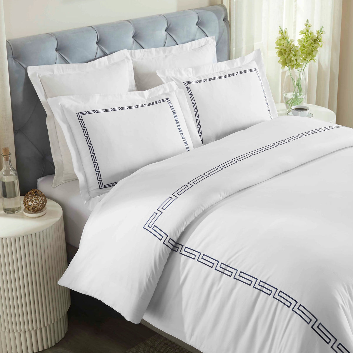 Harrison Cotton Greek Key Embroidered 3 Piece Duvet Cover Set