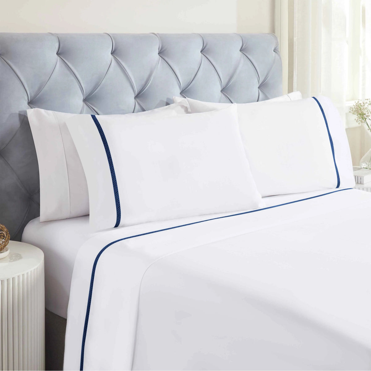 100% Cotton Bed Sheet Set Cross-Stitch Embroidered Deep Pocket Riverton