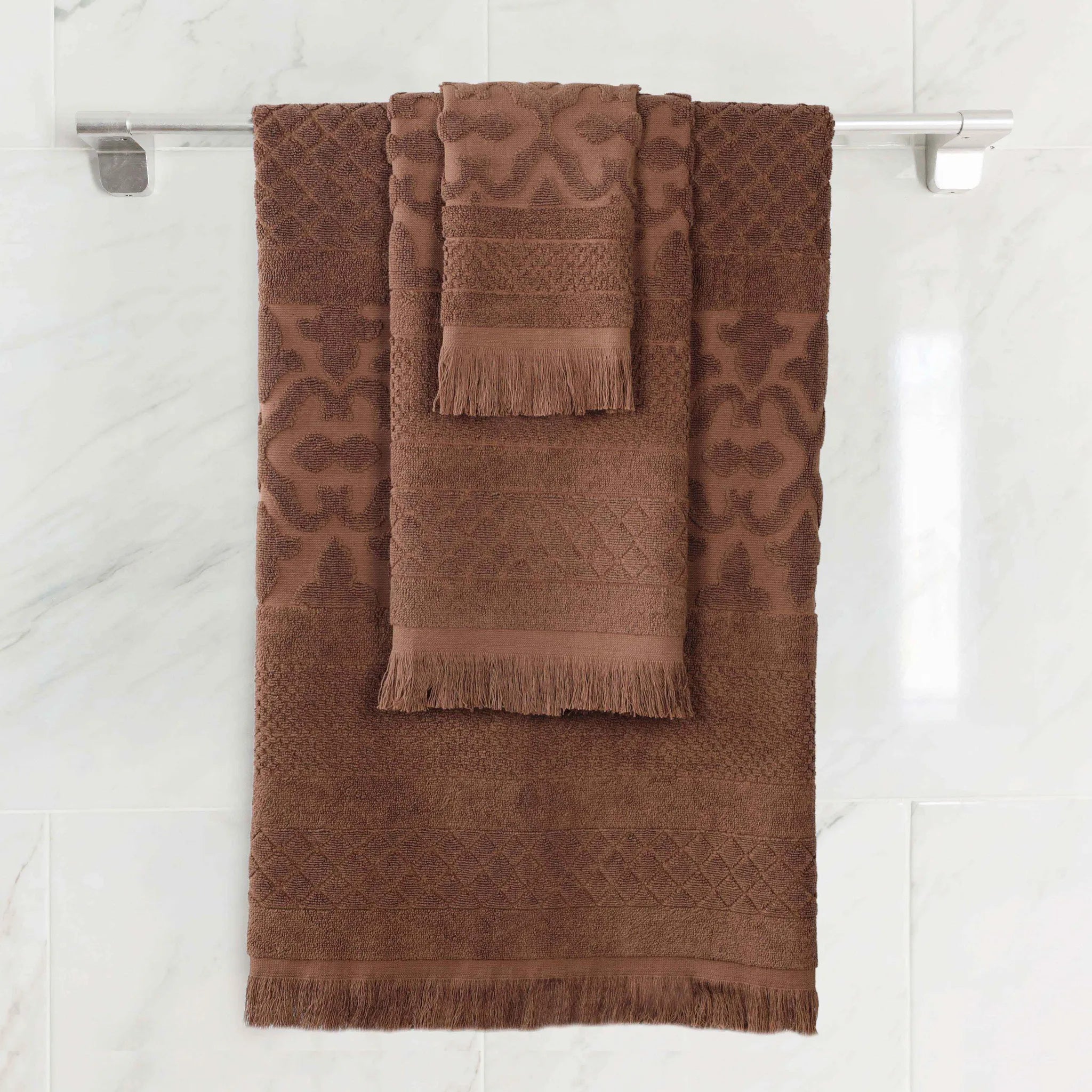Rolla Cotton Geometric Jacquard Plush Soft Absorbent 3 Piece Towel Set
