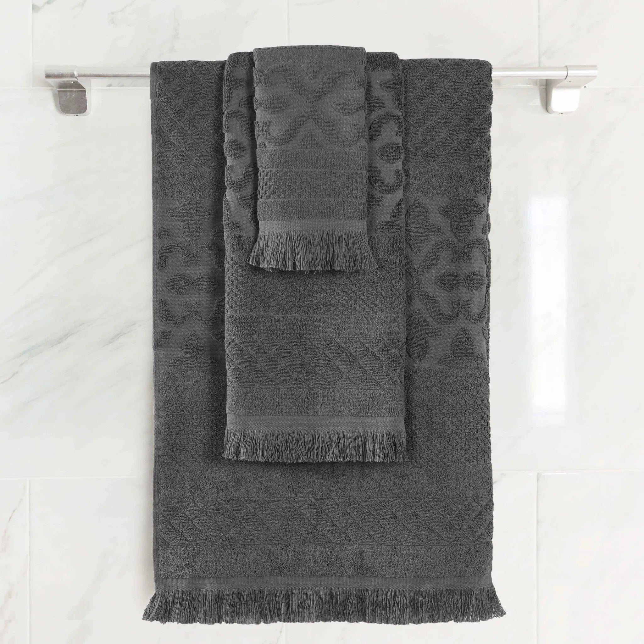 Rolla Cotton Geometric Jacquard Plush Soft Absorbent 3 Piece Towel Set