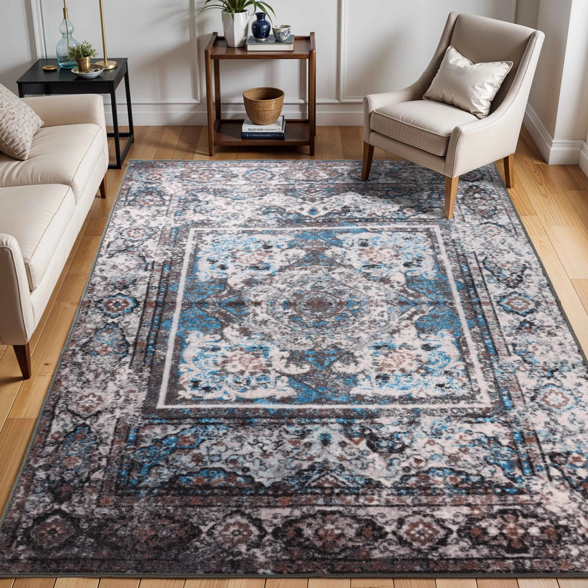 Ezra Vintage Medallion Non-Slip Washable Indoor Area Rug or Runner