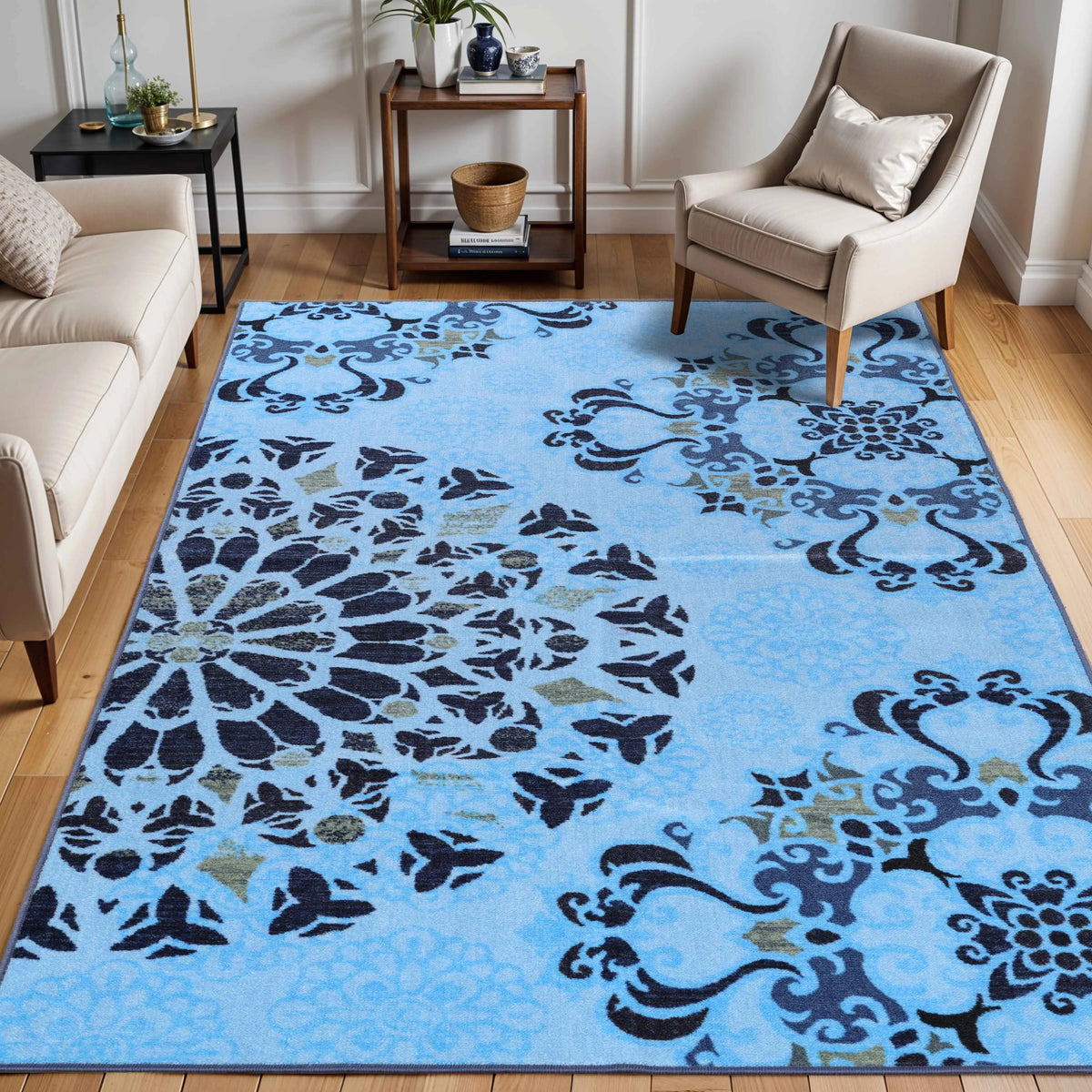 Thalia Damask Medallion Non-Slip Washable Indoor Area Rug or Runner
