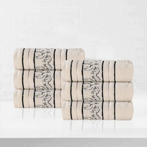 Sadie Zero Twist Cotton Jacquard Elegant Floral Motif Absorbent Hand Towel, Set of 6