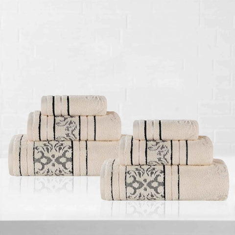 Sadie Zero Twist Cotton Elegant Floral Motif Absorbent Jacquard 6 Piece Towel Set