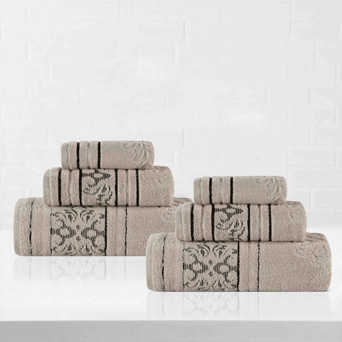 Sadie Zero Twist Cotton Elegant Floral Motif Absorbent Jacquard 6 Piece Towel Set