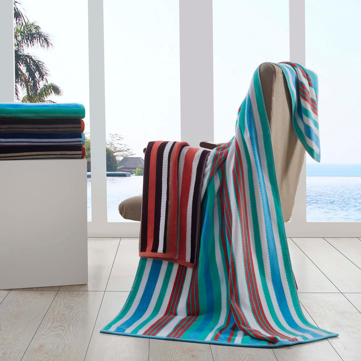 2 Piece Rope Textured Striped Oversized Cotton Beach Towel Set