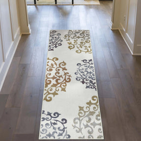 Amber Floral Scroll Medallion Non-Slip Washable Indoor Area Rug or Runner