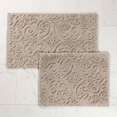 Venere Floral Scroll Textured Washable Bath Rugs, Set of 2