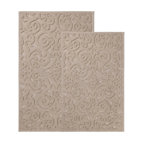 Venere Floral Scroll Textured Washable Bath Rugs, Set of 2