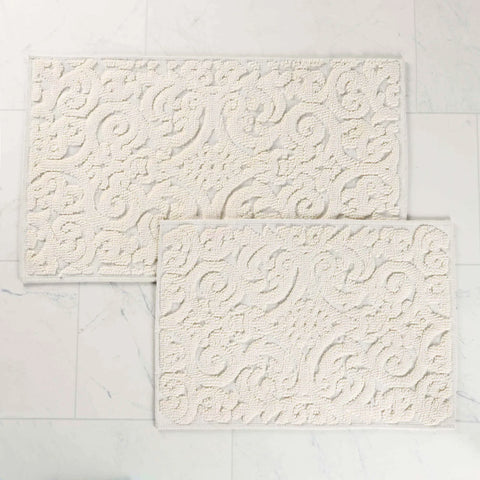 Venere Floral Scroll Textured Washable Bath Rugs, Set of 2