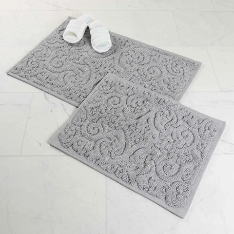 Venere Floral Scroll Textured Washable Bath Rugs, Set of 2