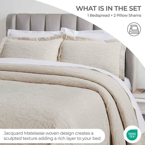 Cotton Bedspread Sets 3-Piece Hibiscus Floral Jacquard Matelassé