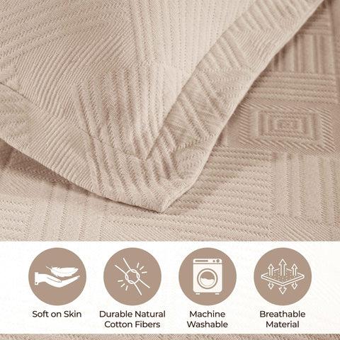 Lightweight Cotton Bedspread Sets 3-Piece Geometric Fret Jacquard Matelassé Scalloped