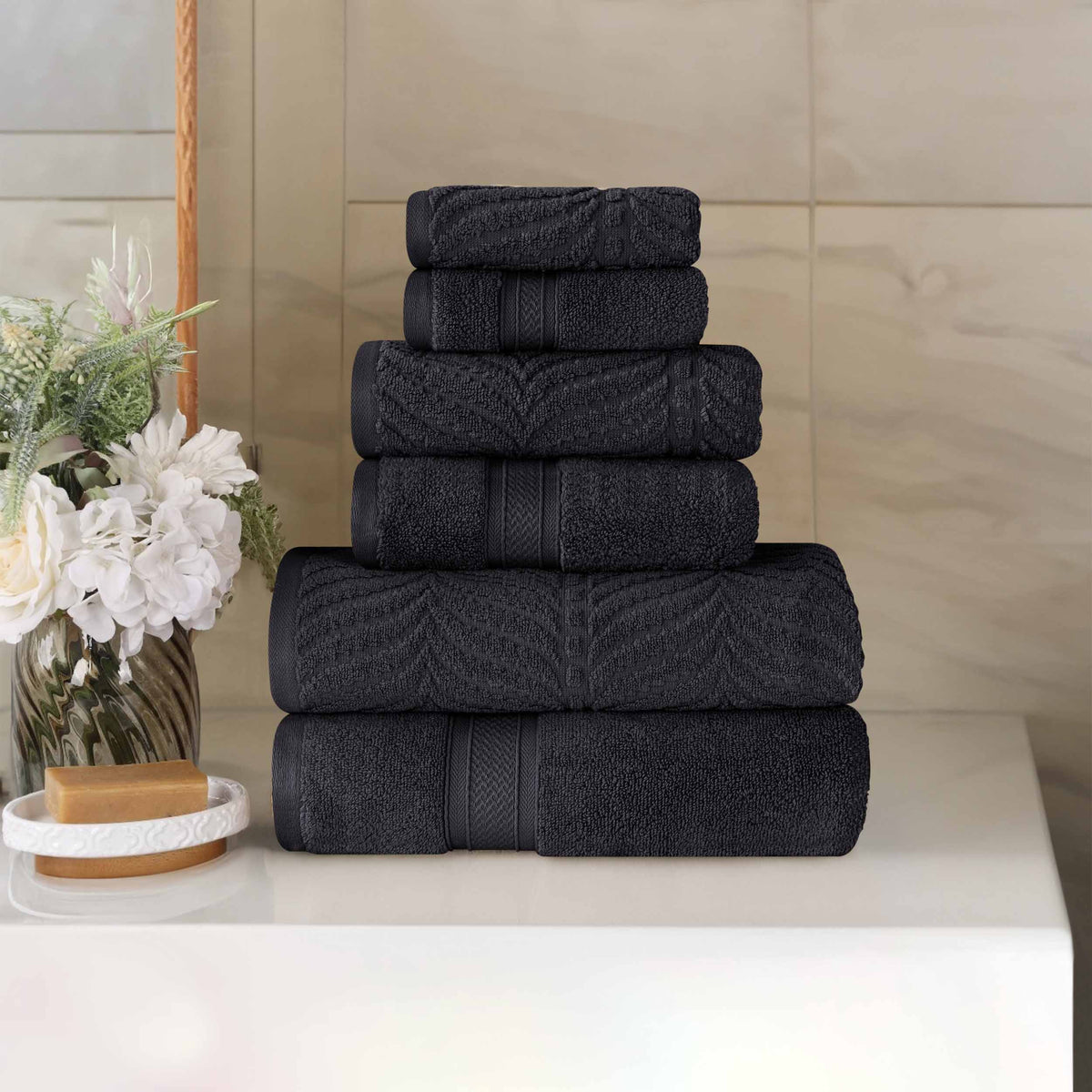 Chevron Zero-Twist Cotton Jacquard and Solid Towel Set 6 Piece