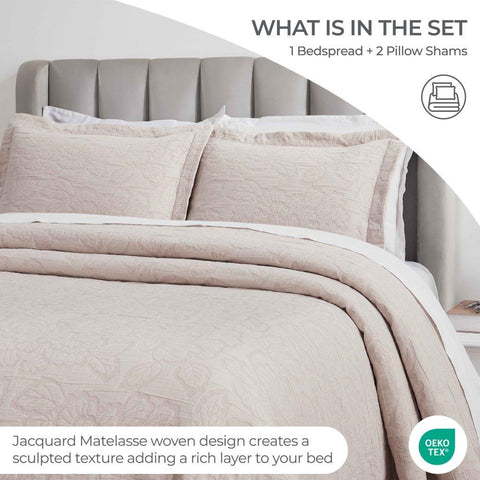 Cotton Bedspread Sets 3-Piece Hibiscus Floral Jacquard Matelassé