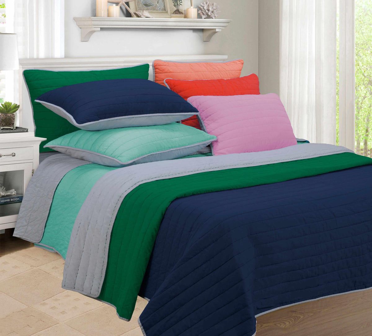 Brandon Cotton Embroidered Solid Reversible Breathable Quilt Set