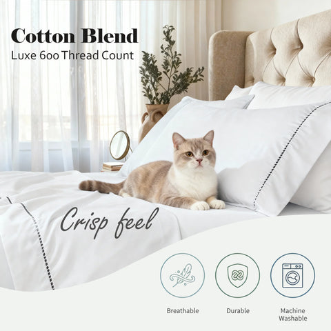 600 Thread Count Cotton Blend Pillowcases, Imperia Embroidered Hem, Set of 2