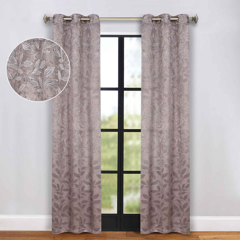Blackout Curtains Leaves Pattern Room Darkening Grommet 2 Panels