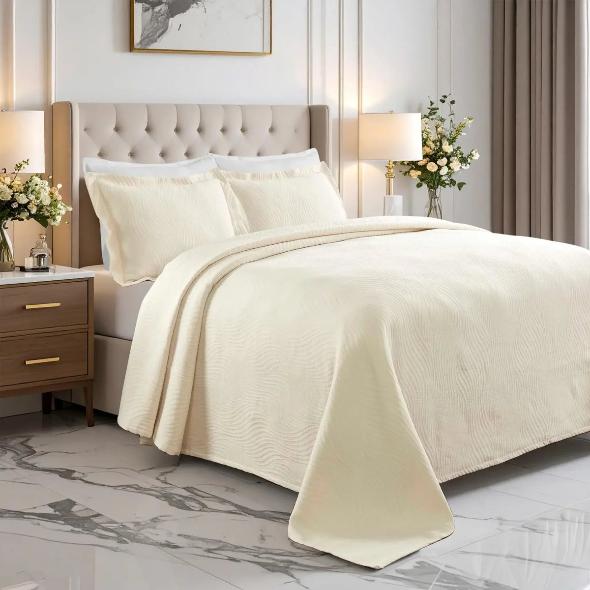 Lightweight Cotton Bedspread Sets 3-Piece Cascade Jacquard Matelassé