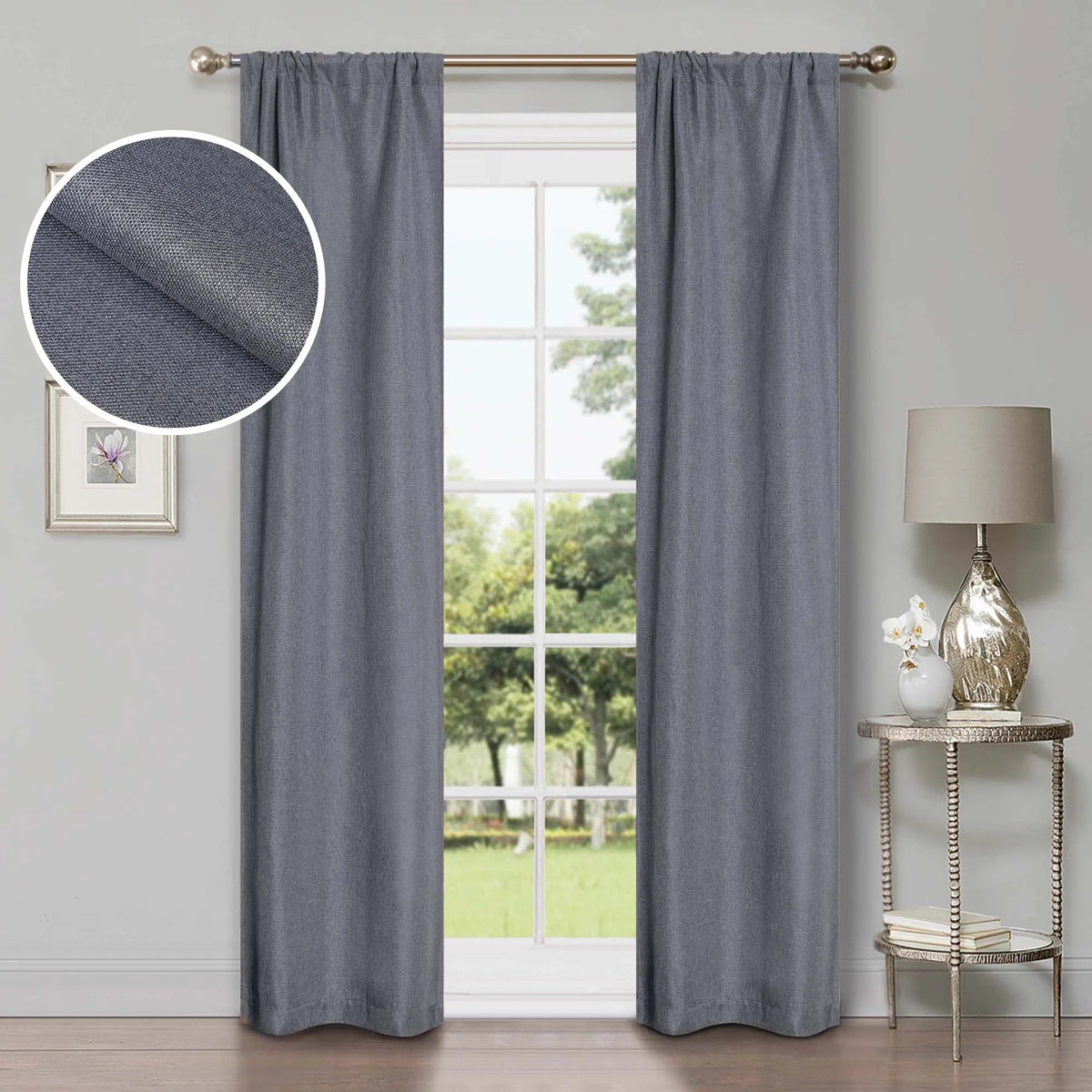 Linen Pattern Washable Room Darkening Blackout Curtains, Set of 2