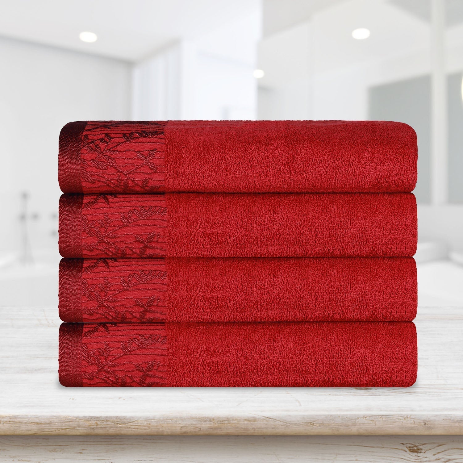 Cotton Floral Jacquard Border Bath Towel Set of 4