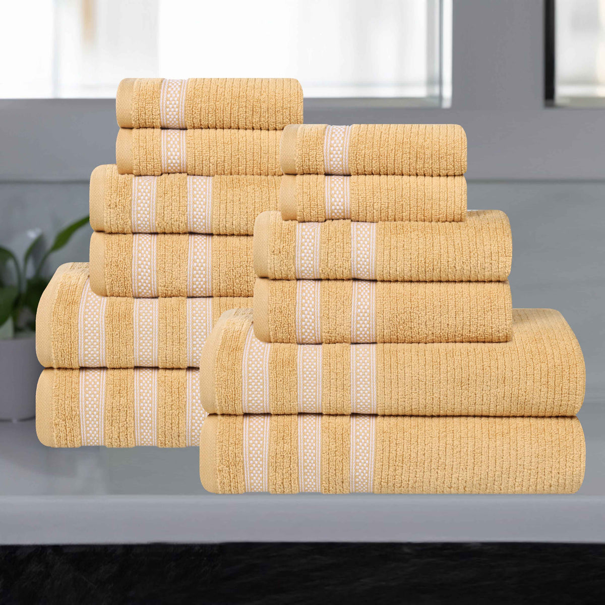 Brea Zero Twist Cotton Ribbed Geometric Border 12 Piece Towel Set