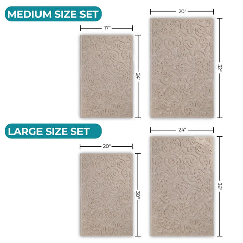 Venere Floral Scroll Textured Washable Bath Rugs, Set of 2