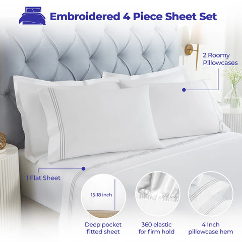 100% Cotton Bed Sheet Set Three-Line Embroidered Deep Pocket Brandon