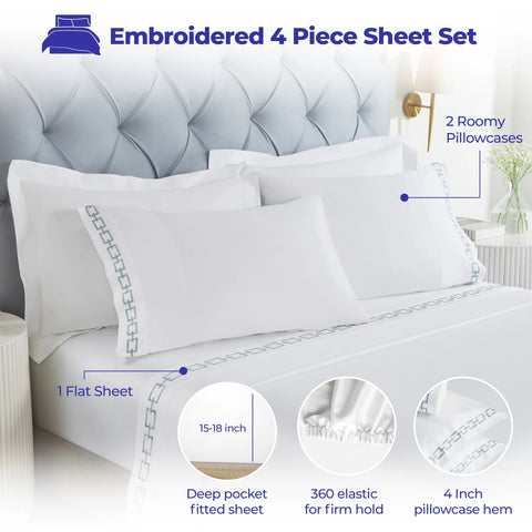 100% Cotton Bed Sheet Set Embroidered Deep Pocket Chain Links