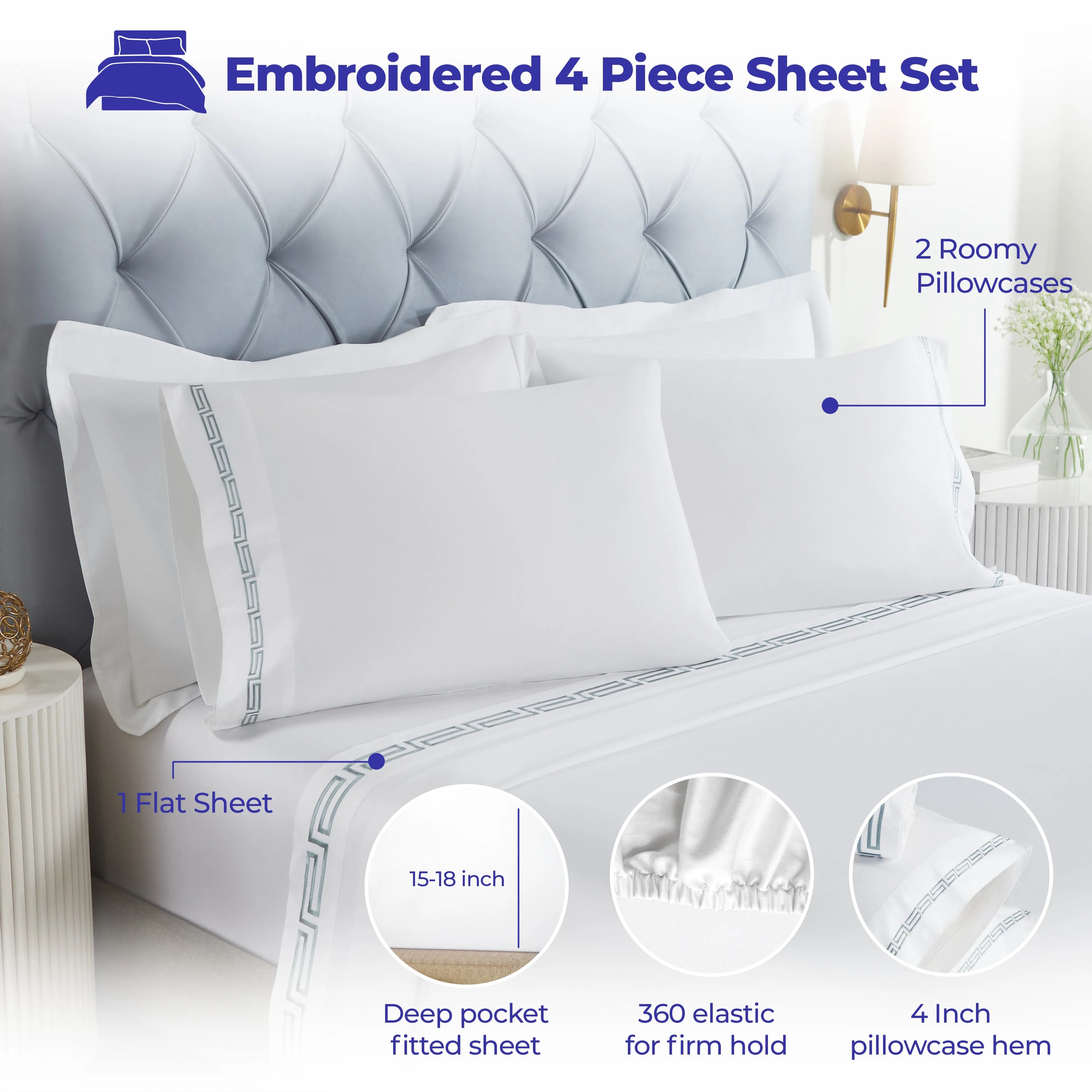Harrison Cotton Greek Key Embroidered Deep Pocket Bed Sheet Set