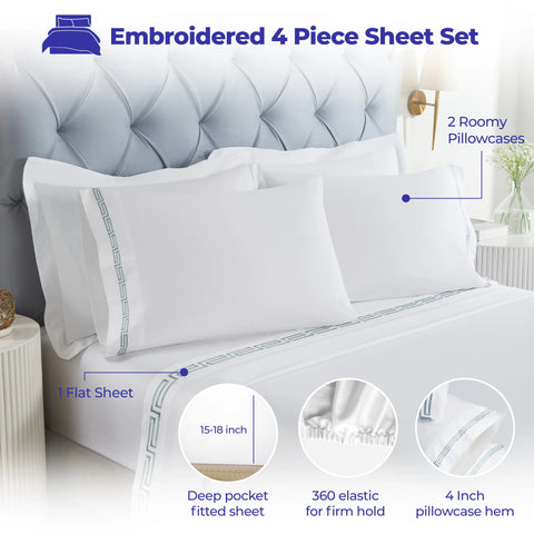 100% Cotton Bed Sheet Set Greek Key Embroidered Deep Pocket Harrison