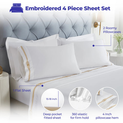 100% Cotton Bed Sheet Set Gold Embroidered Deep Pocket Moonlawn