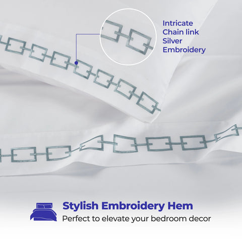 100% Cotton Bed Sheet Set Embroidered Deep Pocket Chain Links