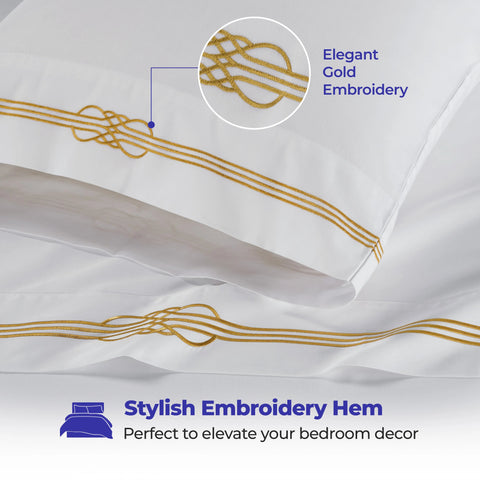 100% Cotton Bed Sheet Set Gold Embroidered Deep Pocket Moonlawn