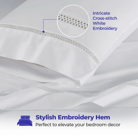 100% Cotton Bed Sheet Set Cross-Stitch Embroidered Deep Pocket Riverton