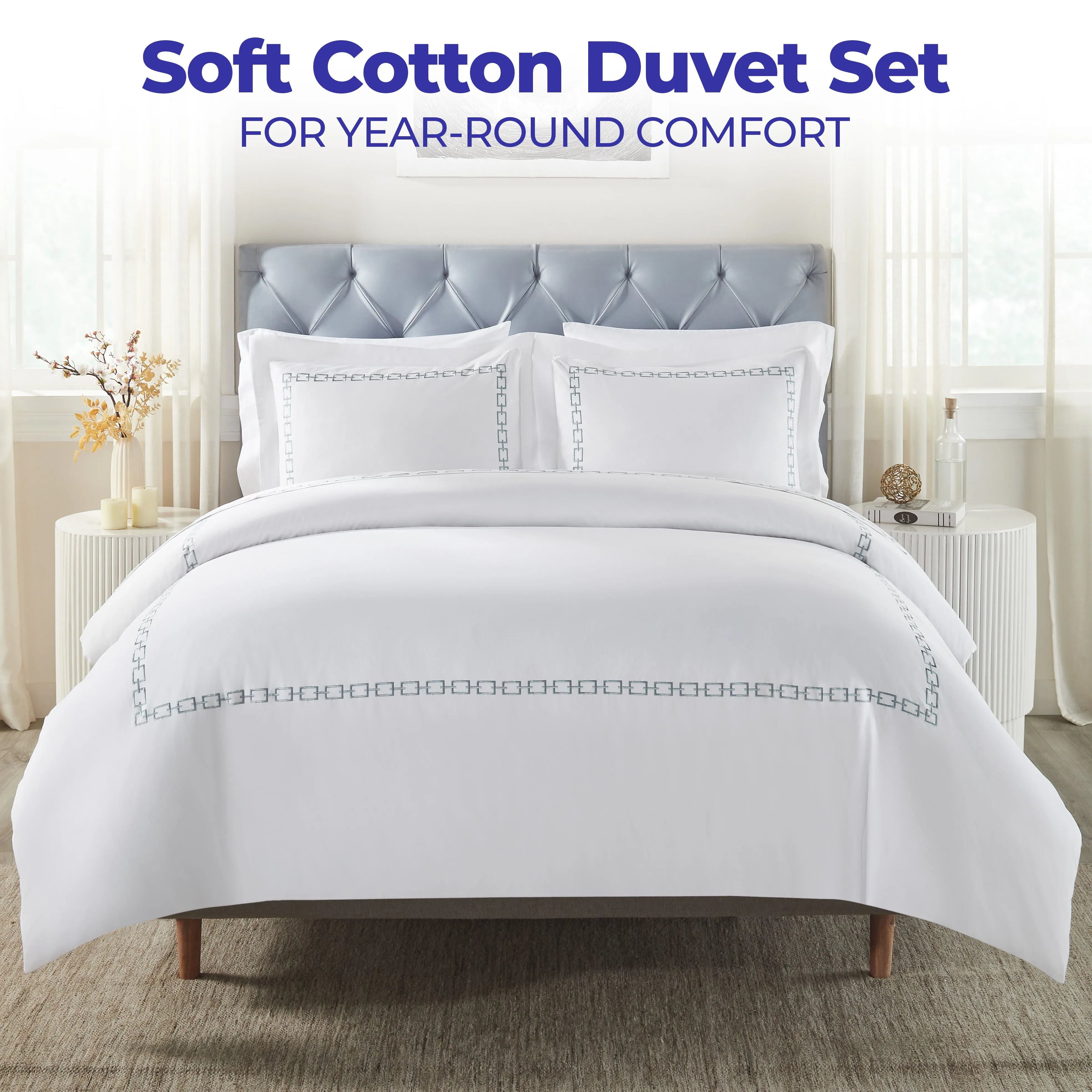 Chain Links Cotton Embroidered 3 Piece Duvet Cover Set