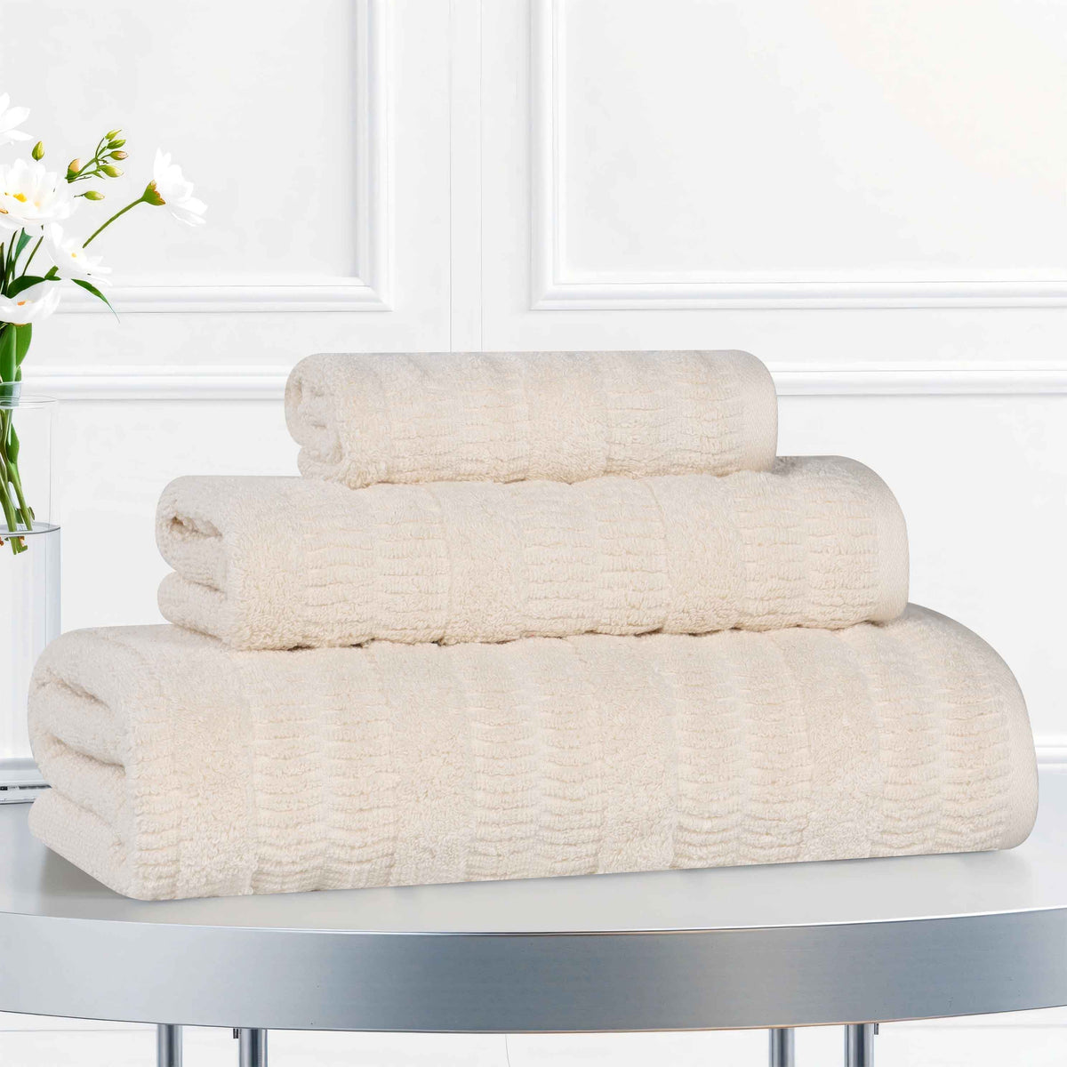 Mika Smart Twist Cotton Solid Textured Ribbed 3 Piece Towel Set