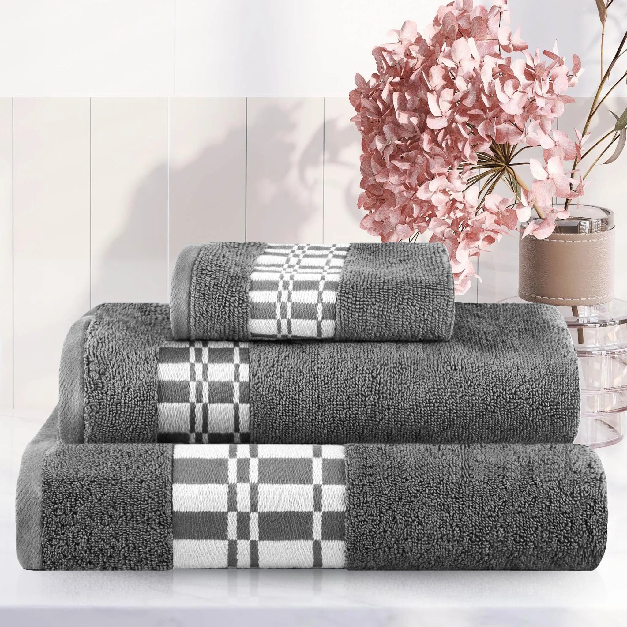 Larissa Cotton Geometric Border 3 Piece Assorted Towel Set