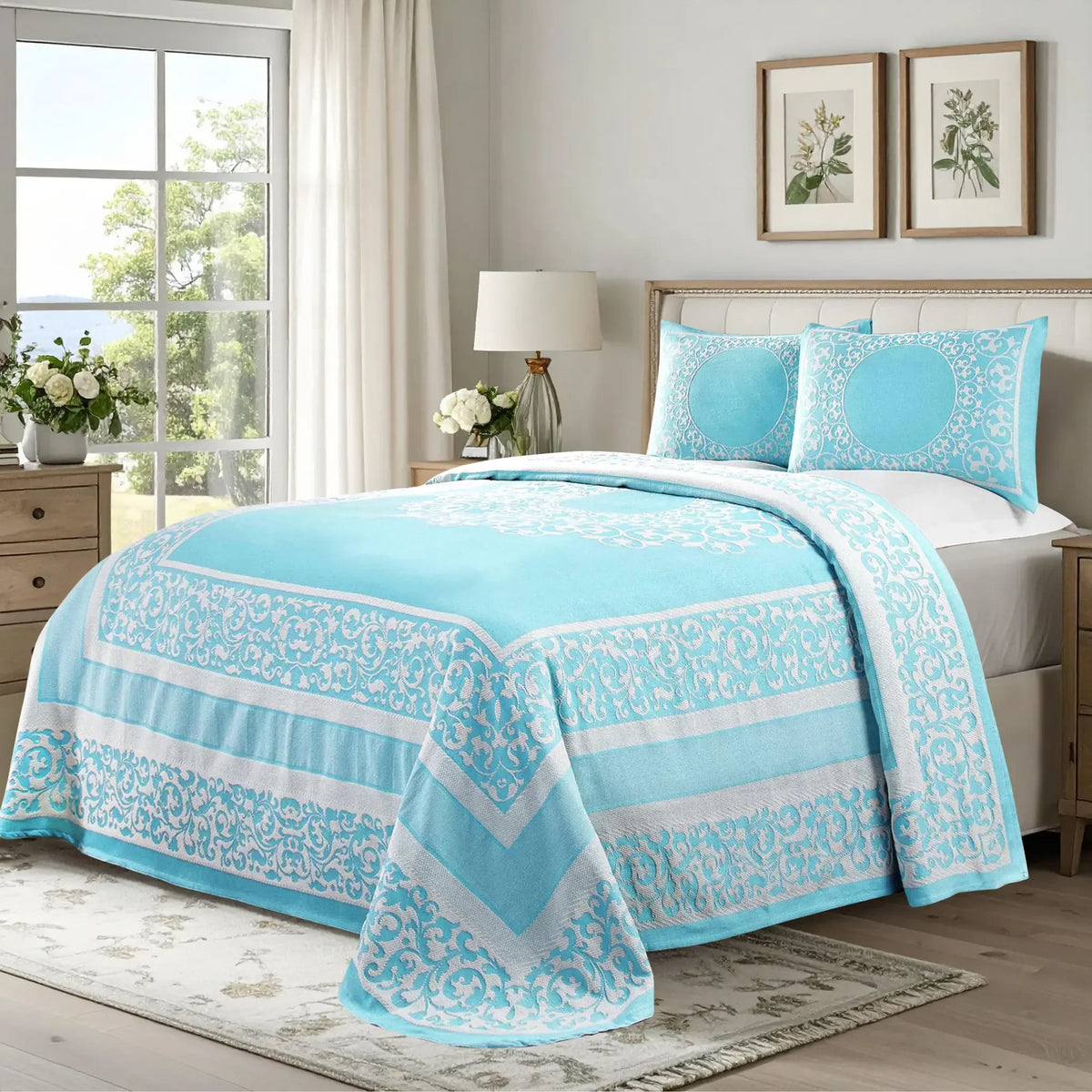 Lightweight Cotton Bedspread Set 3-Piece Lyron Floral Scroll Jacquard