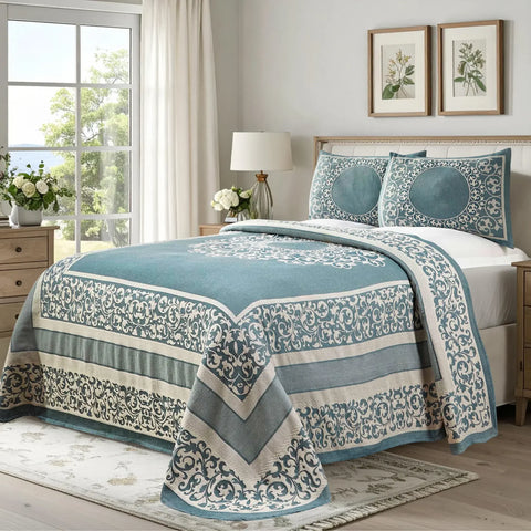 Lightweight Cotton Bedspread Set 3-Piece Lyron Floral Scroll Jacquard