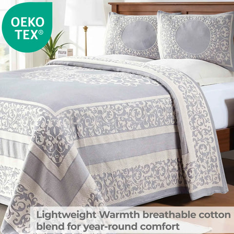 Lightweight Cotton Bedspread Set 3-Piece Lyron Floral Scroll Jacquard