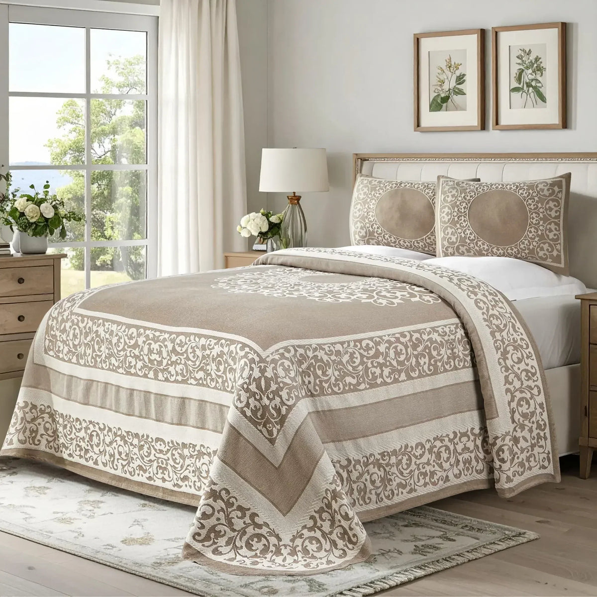Lightweight Cotton Bedspread Set 3-Piece Lyron Floral Scroll Jacquard