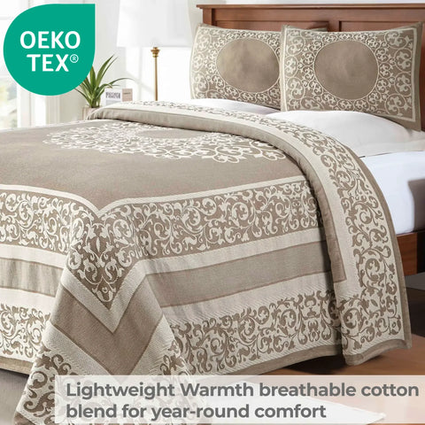 Lightweight Cotton Bedspread Set 3-Piece Lyron Floral Scroll Jacquard